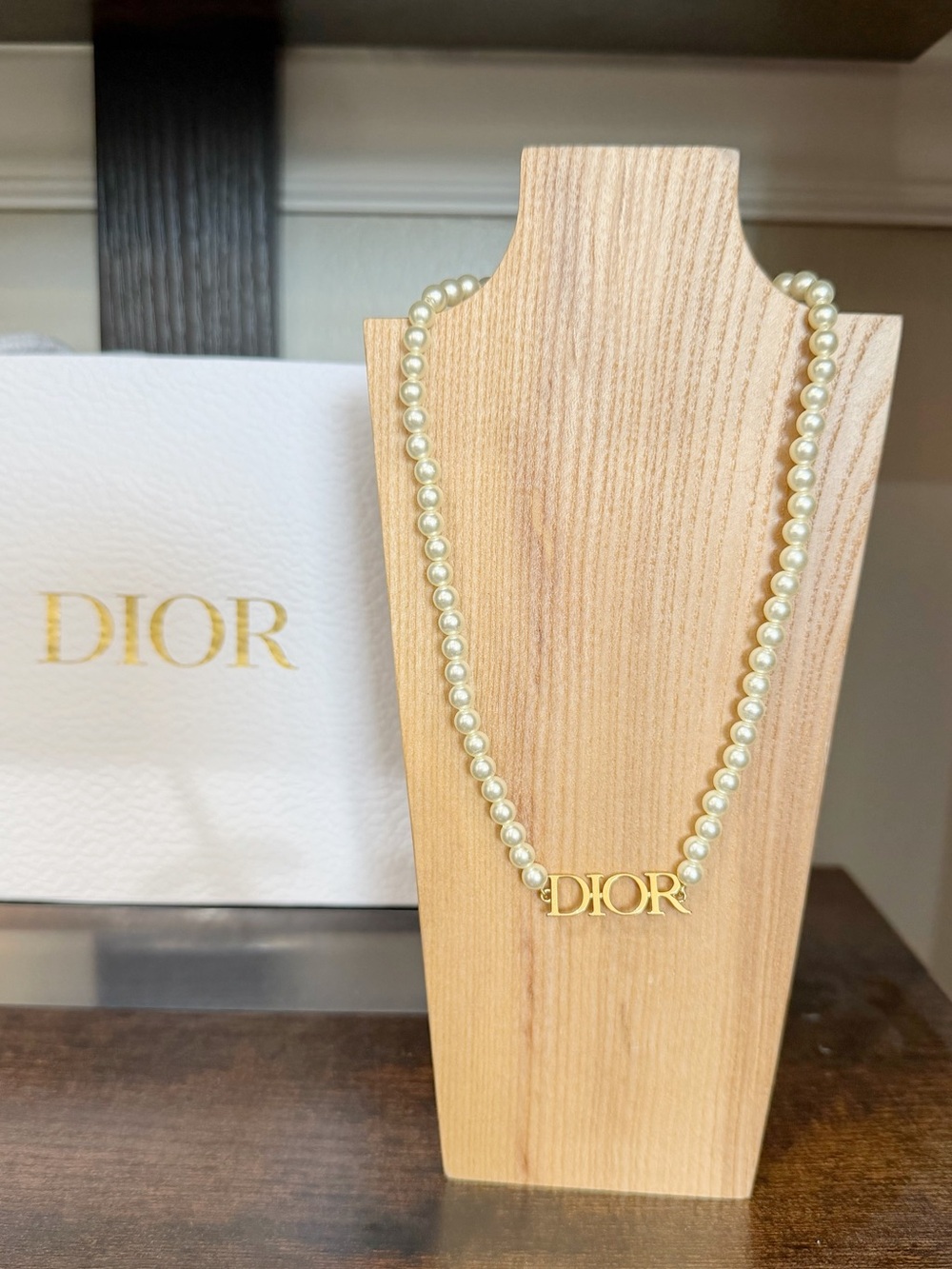 Dior Cream Pearl Necklace with Gold DIOR Logo